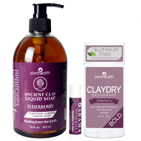 Elderberry Bundle Kit (Ancient Clay Liquid Soap Elderberry 16oz + Clay Dry Bold Elderberry Deodorant 2.8oz + Adama Minerals Hydrating Lips Elderberry Flavor) image